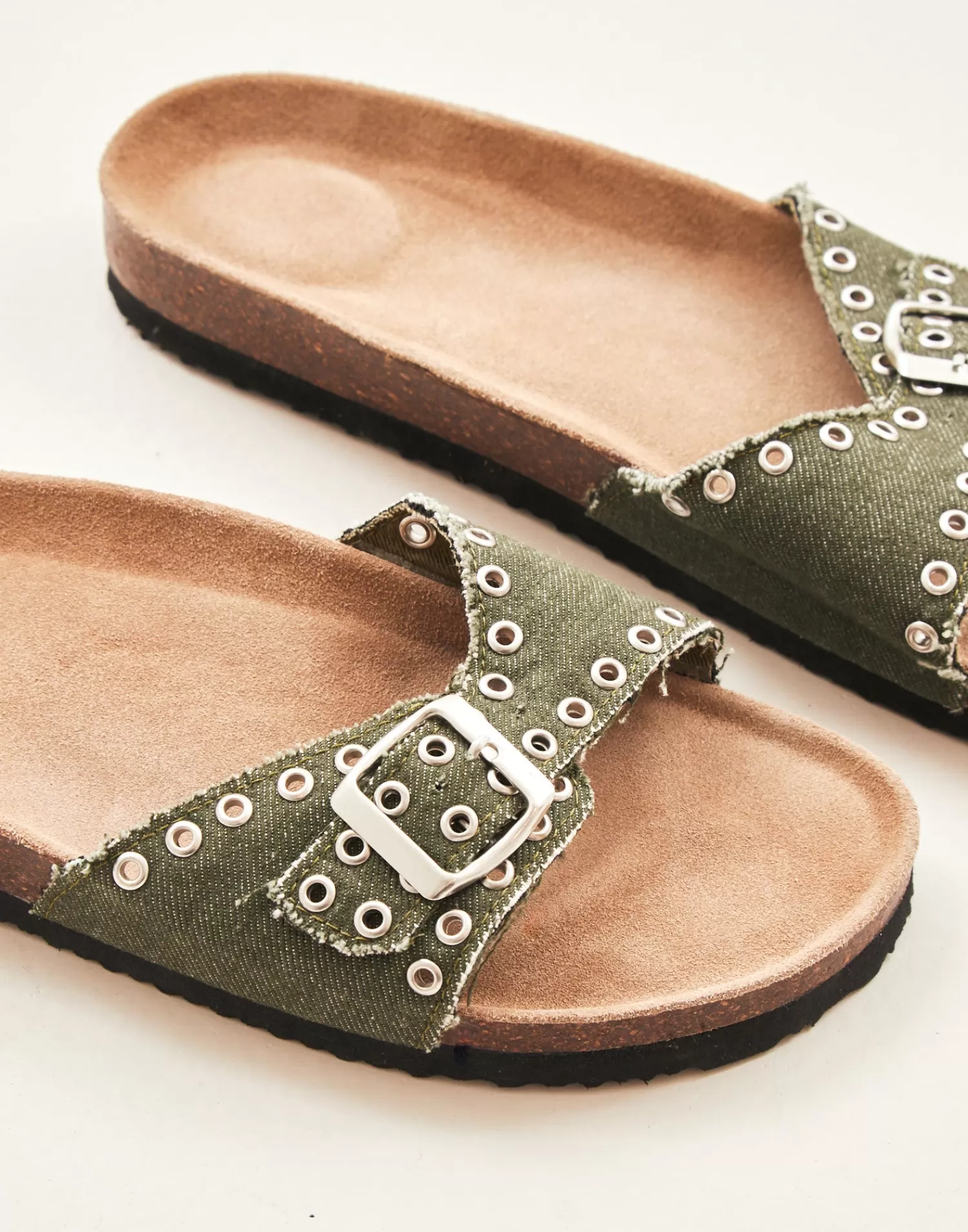 Footwear*Natura Selection Ergonomic Denim Slide Sandal 145449-KHAKI